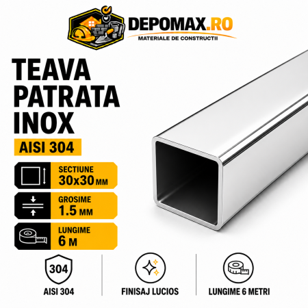 Teava patrata inox lucioasa AISI 304, 30 x 30 x 1.5 mm, 6 metri